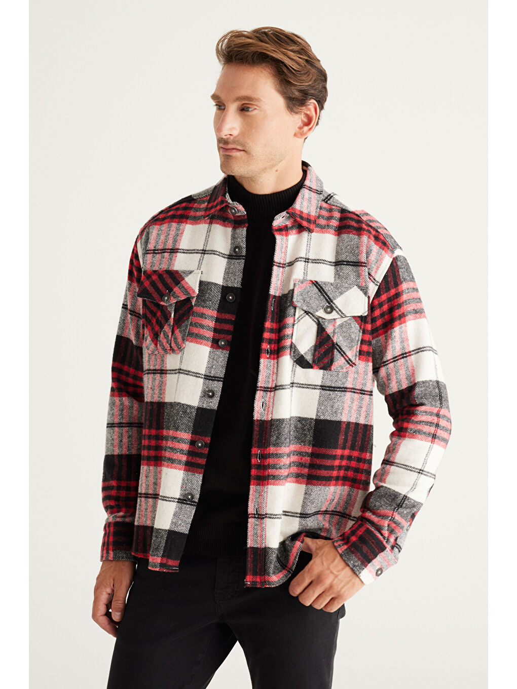Erkek Kırmızı-Siyah Oversize Fit Geniş Kesim Klasik Yaka Ekose Desenli Flanel Oduncu Gömlek