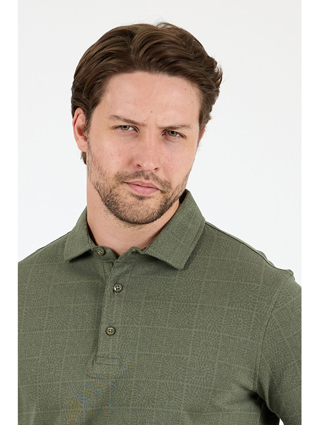 Haki Erkek Polo Yaka Desenli Tişört – %95 Pamuk %5 Elastan – Şık, Esnek ve Rahat Kısa Kollu Tişört 0034-2