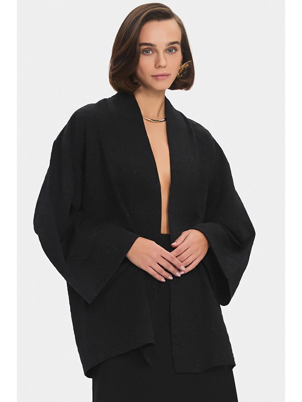 June Siyah Kadın Standart Kalıp Viskon Karışımlı Kimono - 1