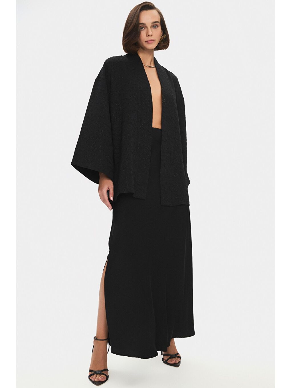 June Siyah Kadın Standart Kalıp Viskon Karışımlı Kimono - 2