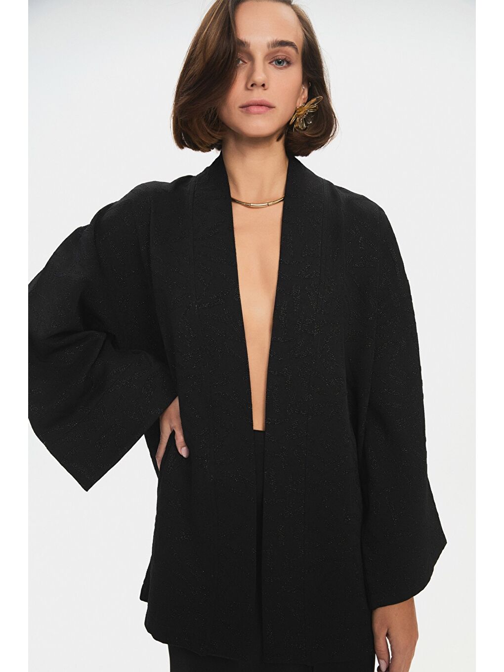 June Siyah Kadın Standart Kalıp Viskon Karışımlı Kimono - 3