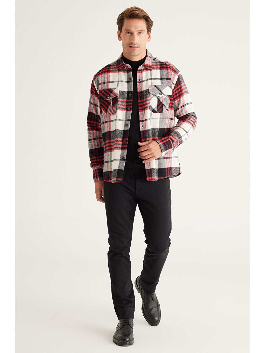 Erkek Kırmızı-Siyah Oversize Fit Geniş Kesim Klasik Yaka Ekose Desenli Flanel Oduncu Gömlek-1