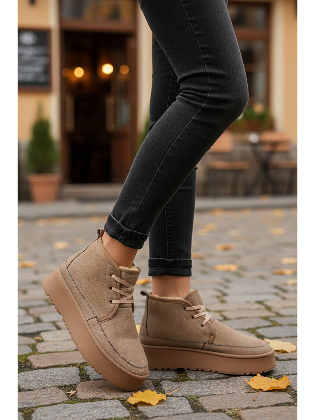 Bej Vizon İçi Kürklü Bağcıklı Kadın Bot U-15 Z-2
