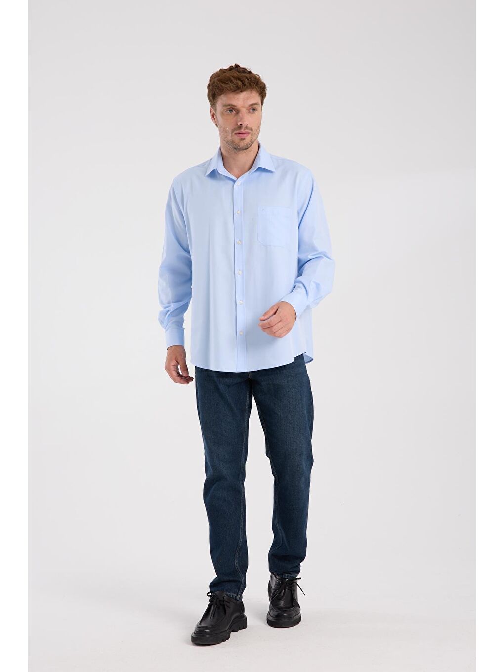 Aclub Ac10097 Twill Pamuk Karışımlı Regular Fit Açık Mavi Klasik Yaka Erkek Düz Gömlek-1