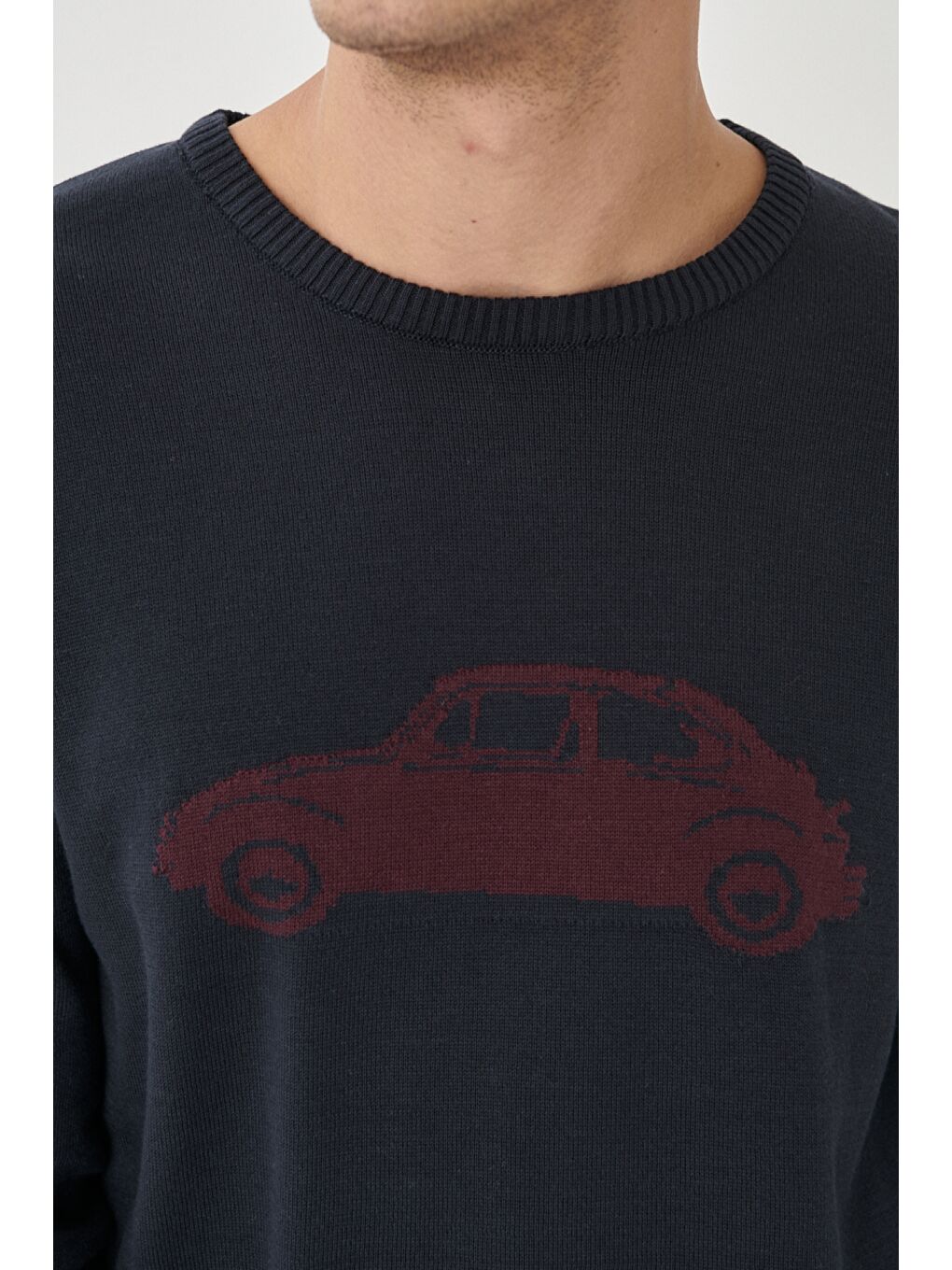 Erkek Lacivert-Bordo Standart Fit Bisiklet Yaka Desenli %100 Pamuk Triko Kazak-1