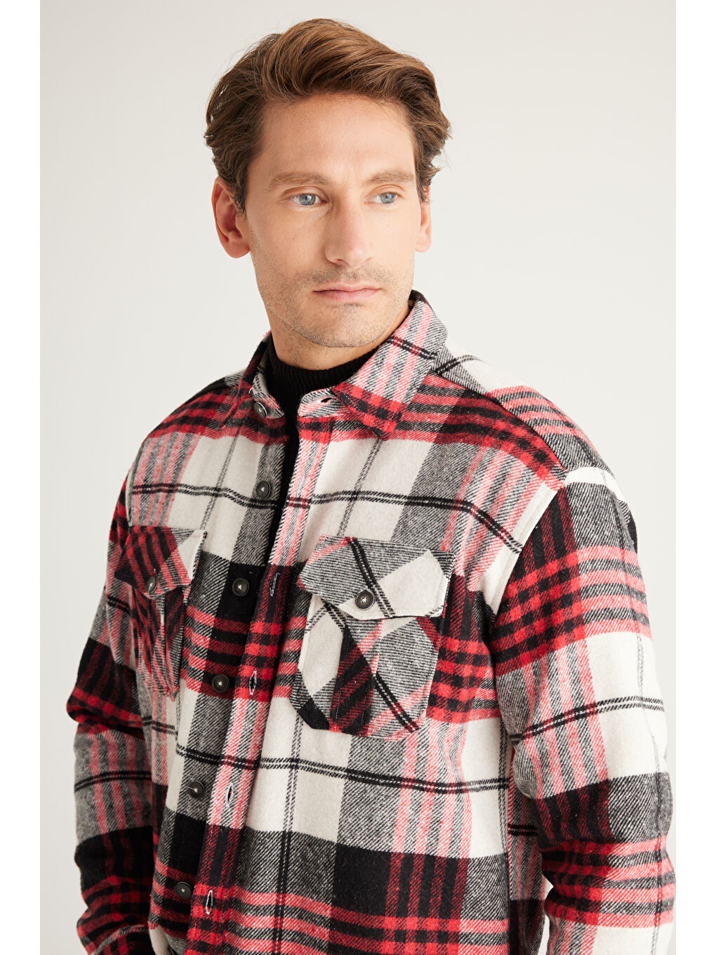 Erkek Kırmızı-Siyah Oversize Fit Geniş Kesim Klasik Yaka Ekose Desenli Flanel Oduncu Gömlek-2