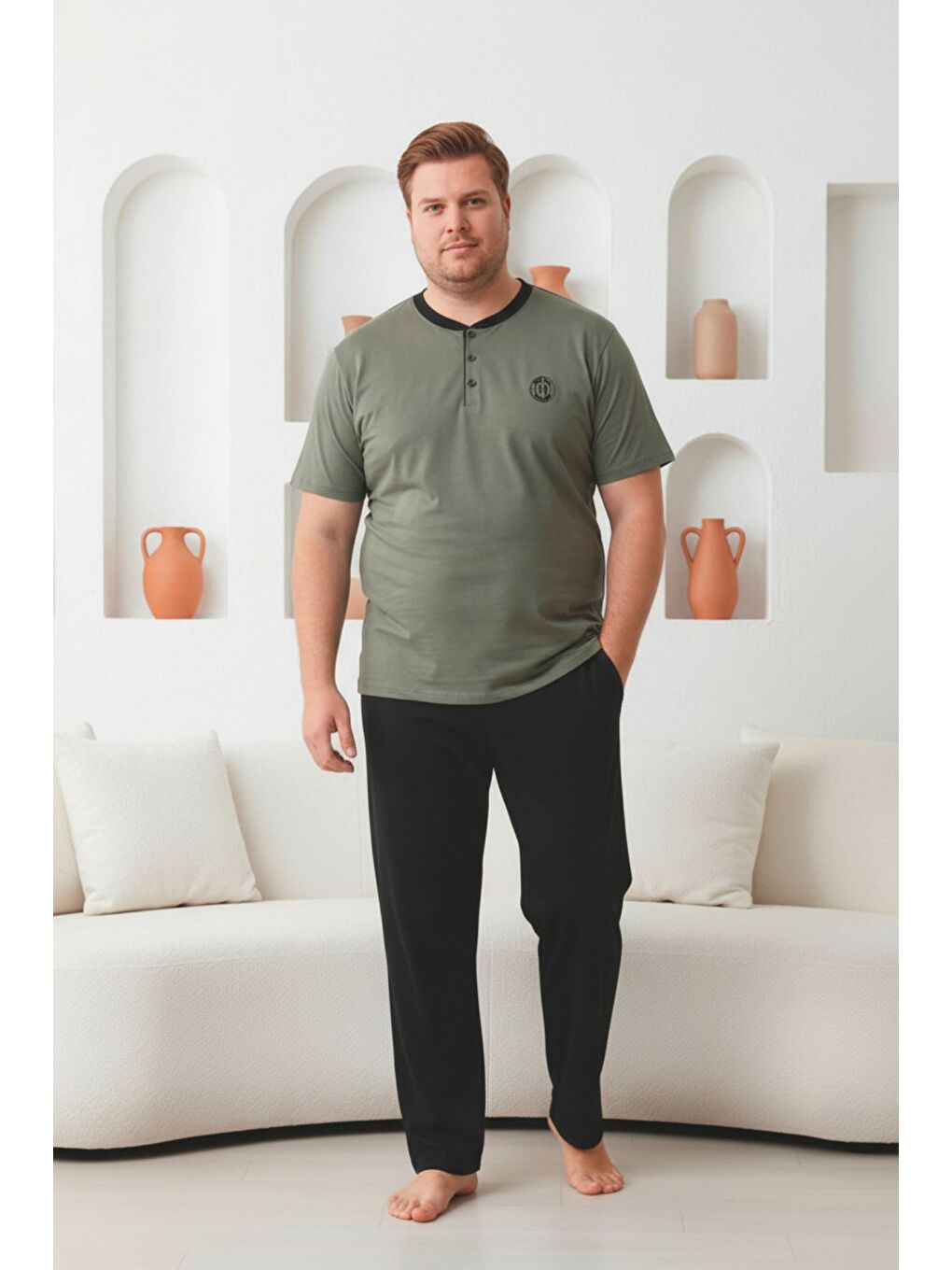Haki %100 Pamuklu Yakası Düğmeli Kısa Kollu Cepli Büyük Beden Erkek Pijama Takımı 2009