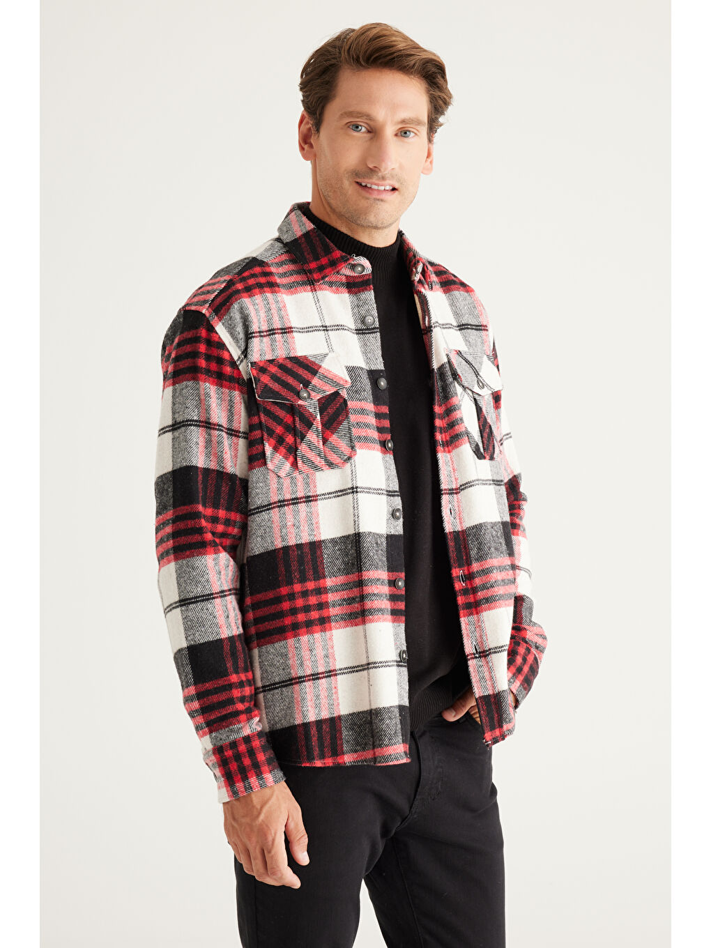 Erkek Kırmızı-Siyah Oversize Fit Geniş Kesim Klasik Yaka Ekose Desenli Flanel Oduncu Gömlek-3