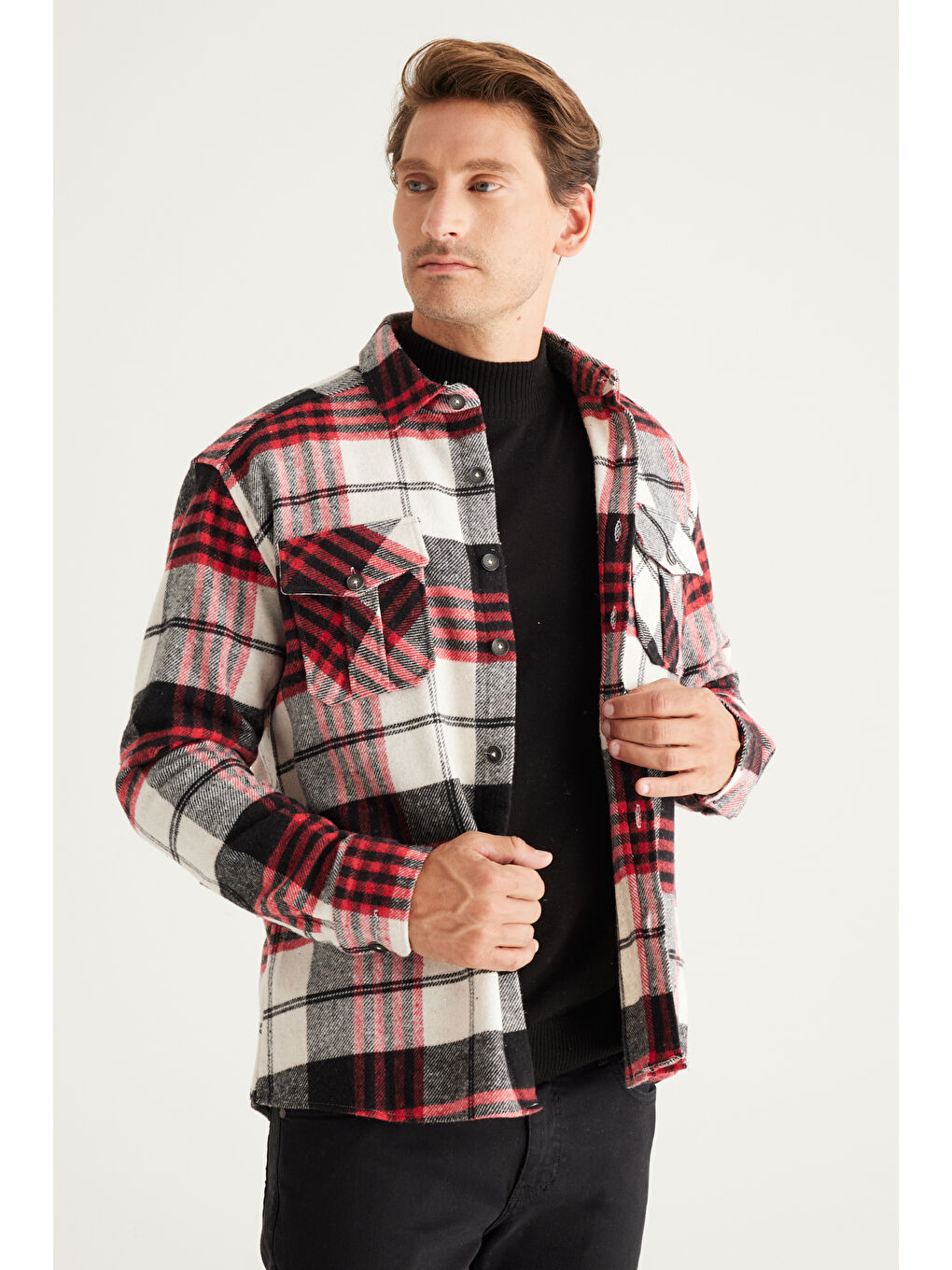 Erkek Kırmızı-Siyah Oversize Fit Geniş Kesim Klasik Yaka Ekose Desenli Flanel Oduncu Gömlek-4