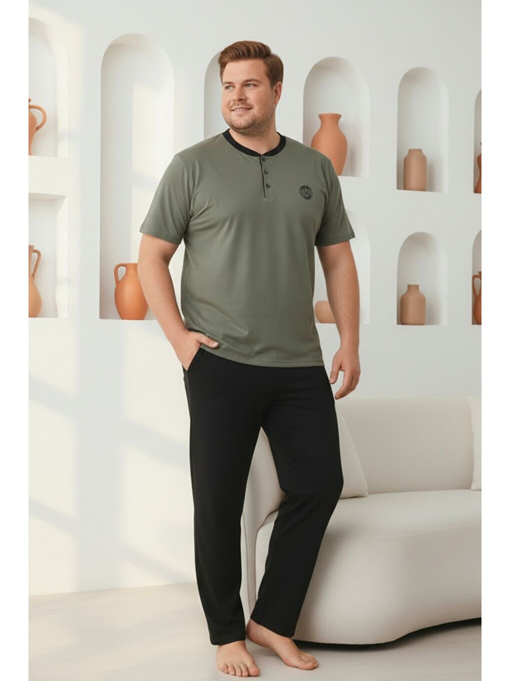 Haki %100 Pamuklu Yakası Düğmeli Kısa Kollu Cepli Büyük Beden Erkek Pijama Takımı 2009-1