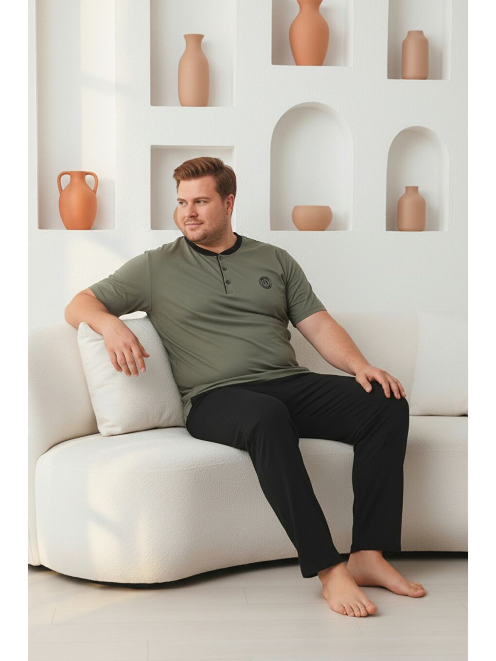 Haki %100 Pamuklu Yakası Düğmeli Kısa Kollu Cepli Büyük Beden Erkek Pijama Takımı 2009-2