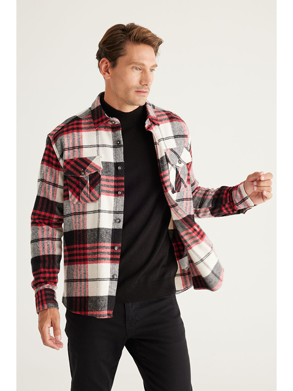 Erkek Kırmızı-Siyah Oversize Fit Geniş Kesim Klasik Yaka Ekose Desenli Flanel Oduncu Gömlek-5