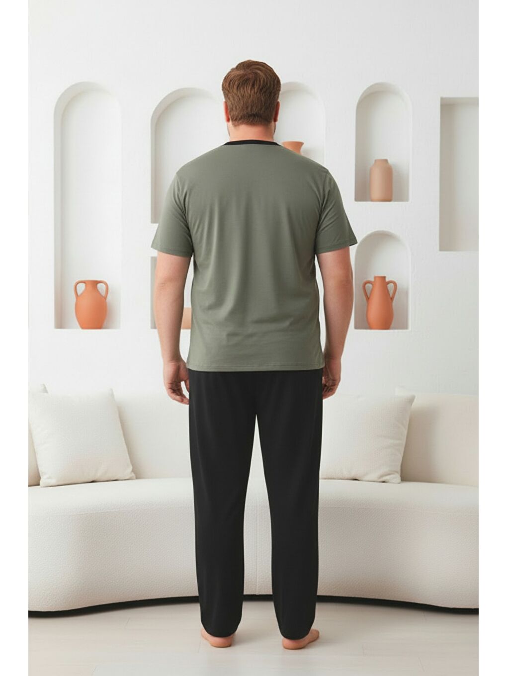 Haki %100 Pamuklu Yakası Düğmeli Kısa Kollu Cepli Büyük Beden Erkek Pijama Takımı 2009-3