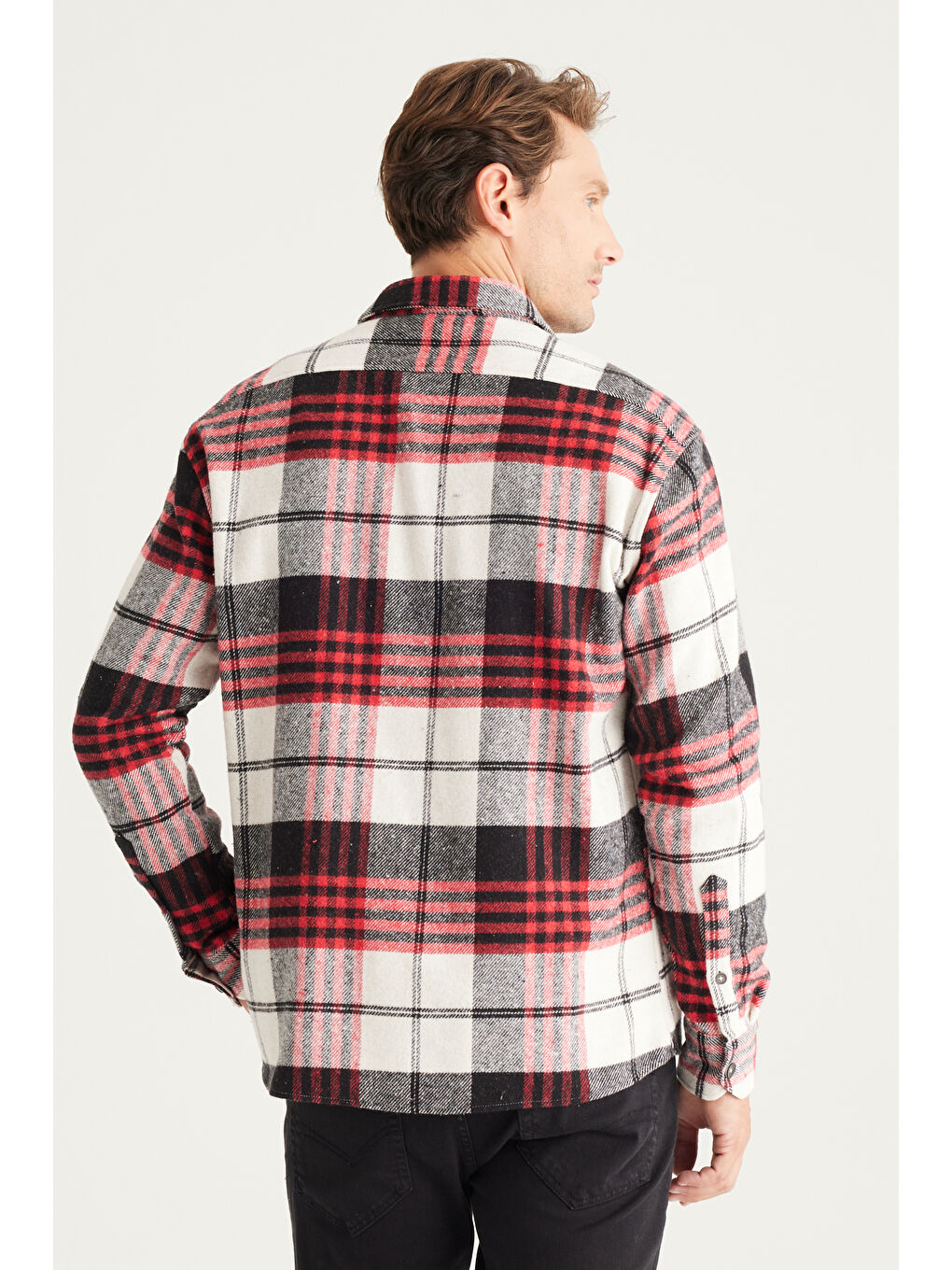 Erkek Kırmızı-Siyah Oversize Fit Geniş Kesim Klasik Yaka Ekose Desenli Flanel Oduncu Gömlek-6