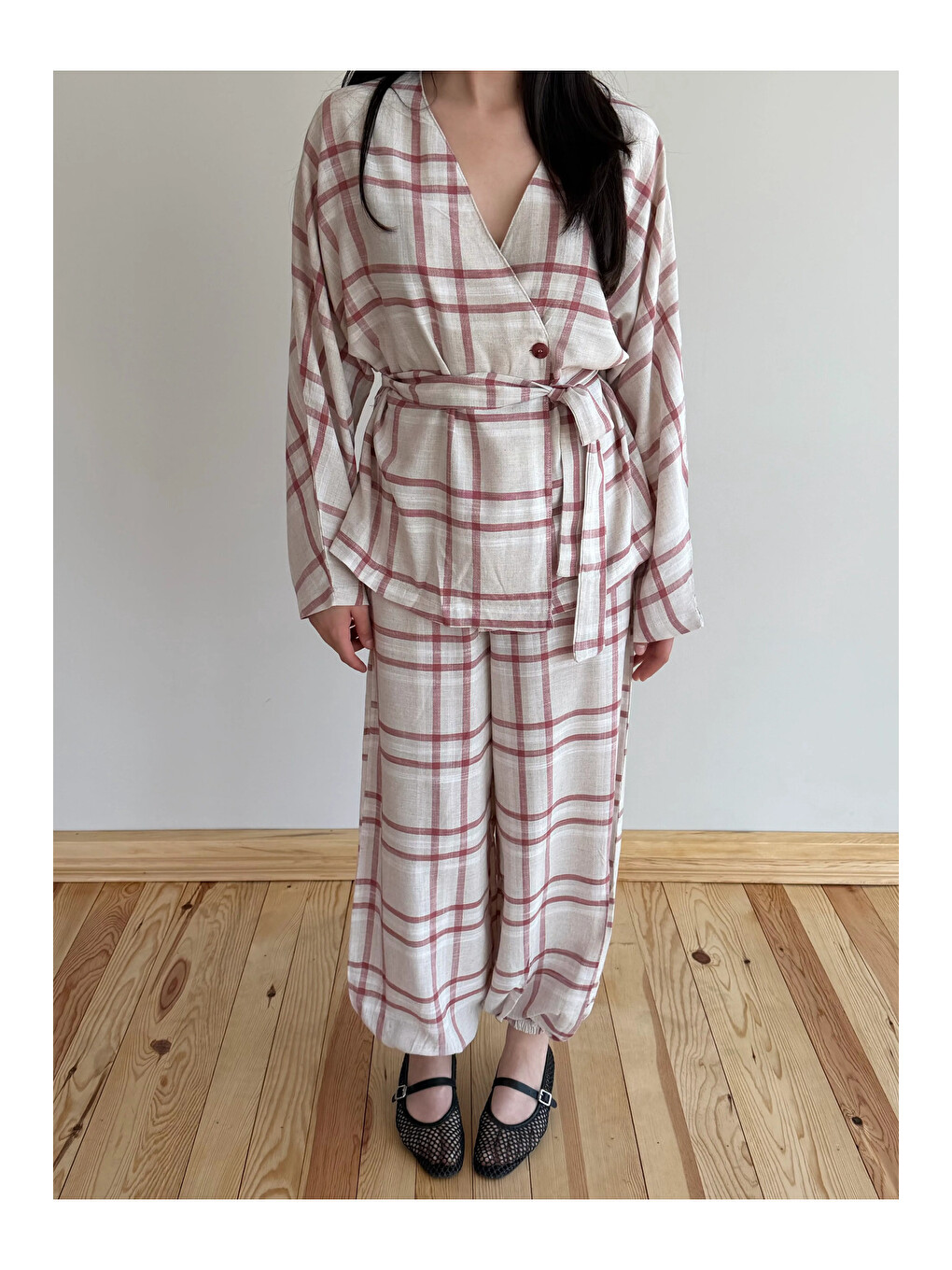 Kırmızı Ekose Kimono Şalvar Takım - 0993-1