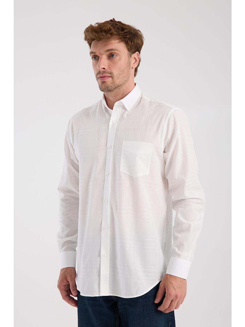 Aclub Ac10092 Poplin Pamuklu Regular Fit Beyaz Düğmeli Yaka Erkek Kareli Gömlek-2