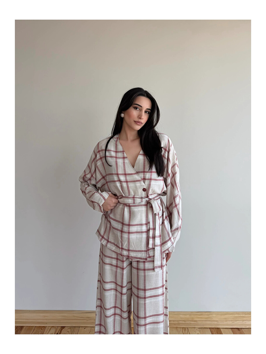 Kırmızı Ekose Kimono Şalvar Takım - 0993-2