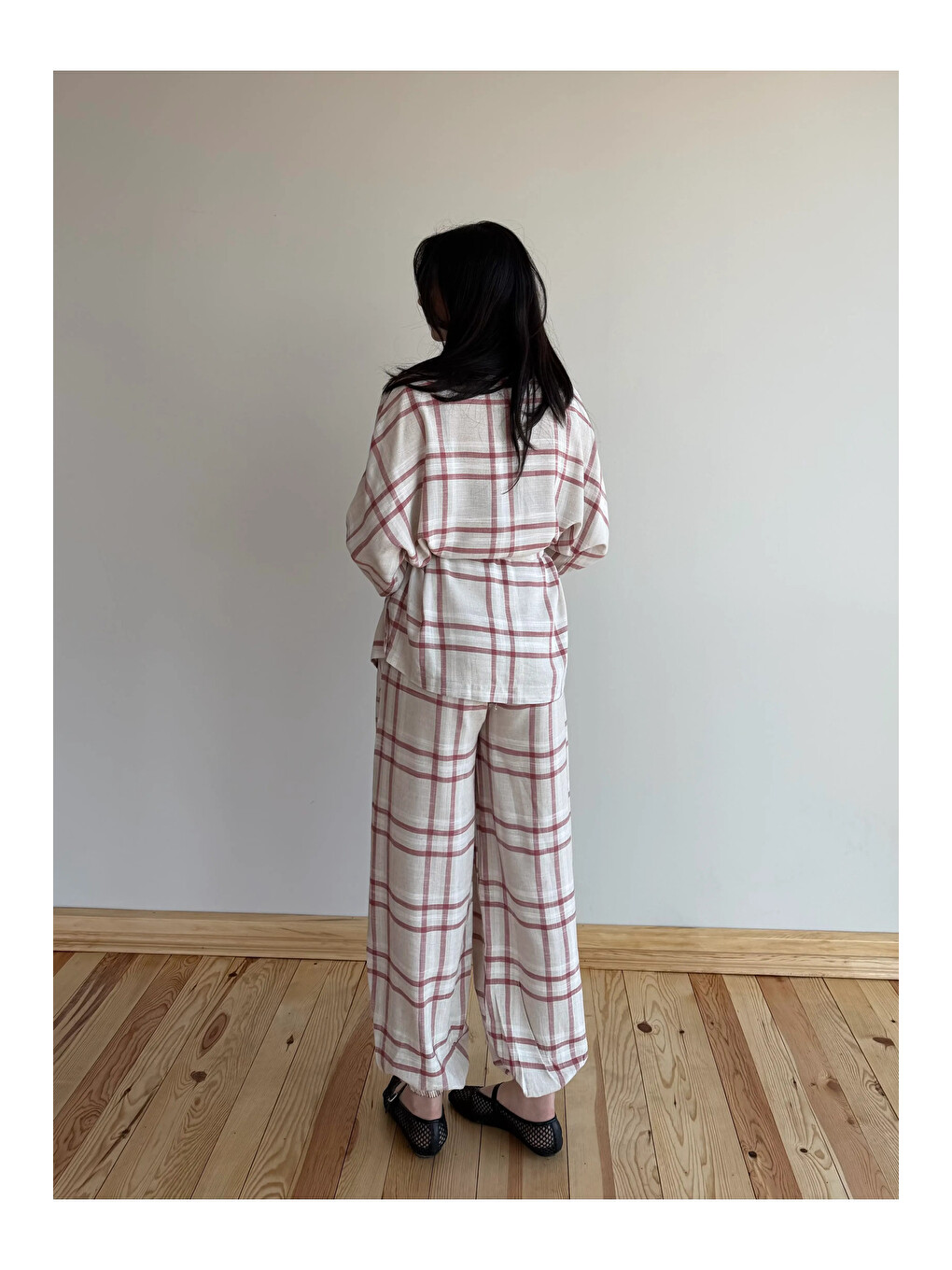 Kırmızı Ekose Kimono Şalvar Takım - 0993-3