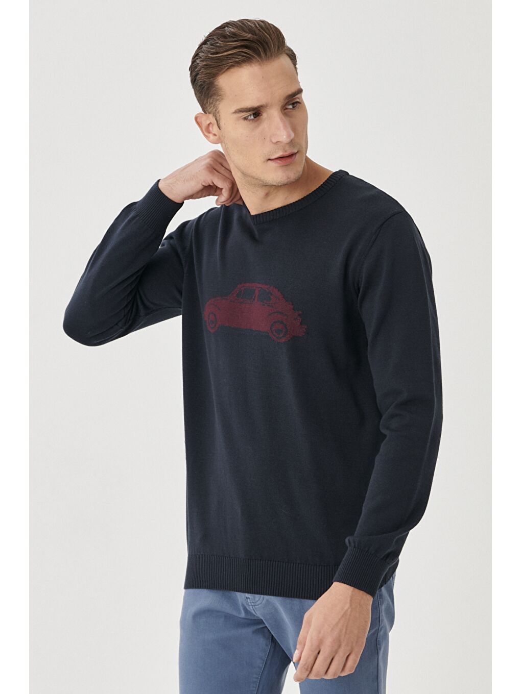 Erkek Lacivert-Bordo Standart Fit Bisiklet Yaka Desenli %100 Pamuk Triko Kazak-2