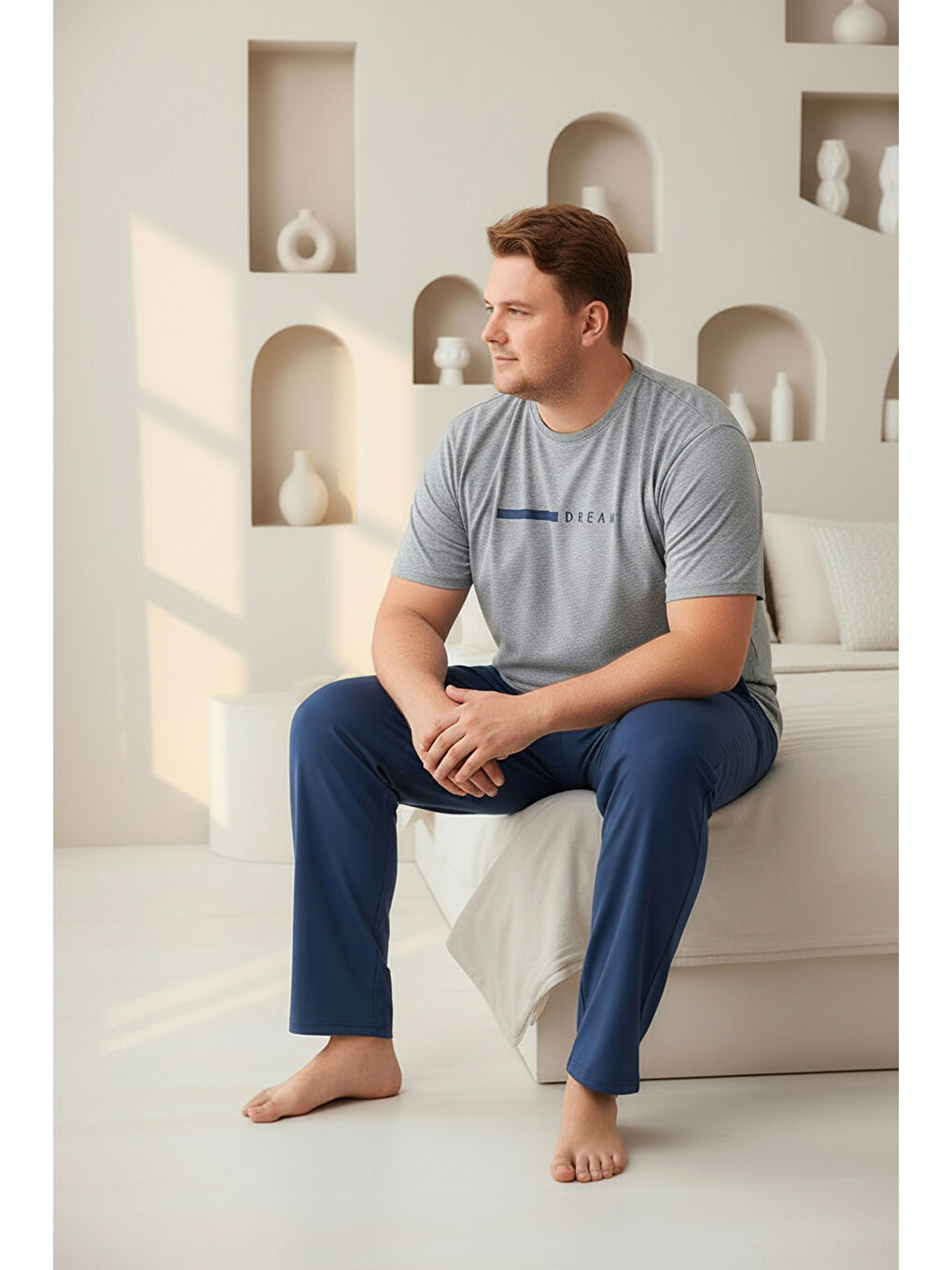 Gri %100 Pamuklu Kısa Kollu Cepli Büyük Beden Erkek Pijama Takımı 2008-1