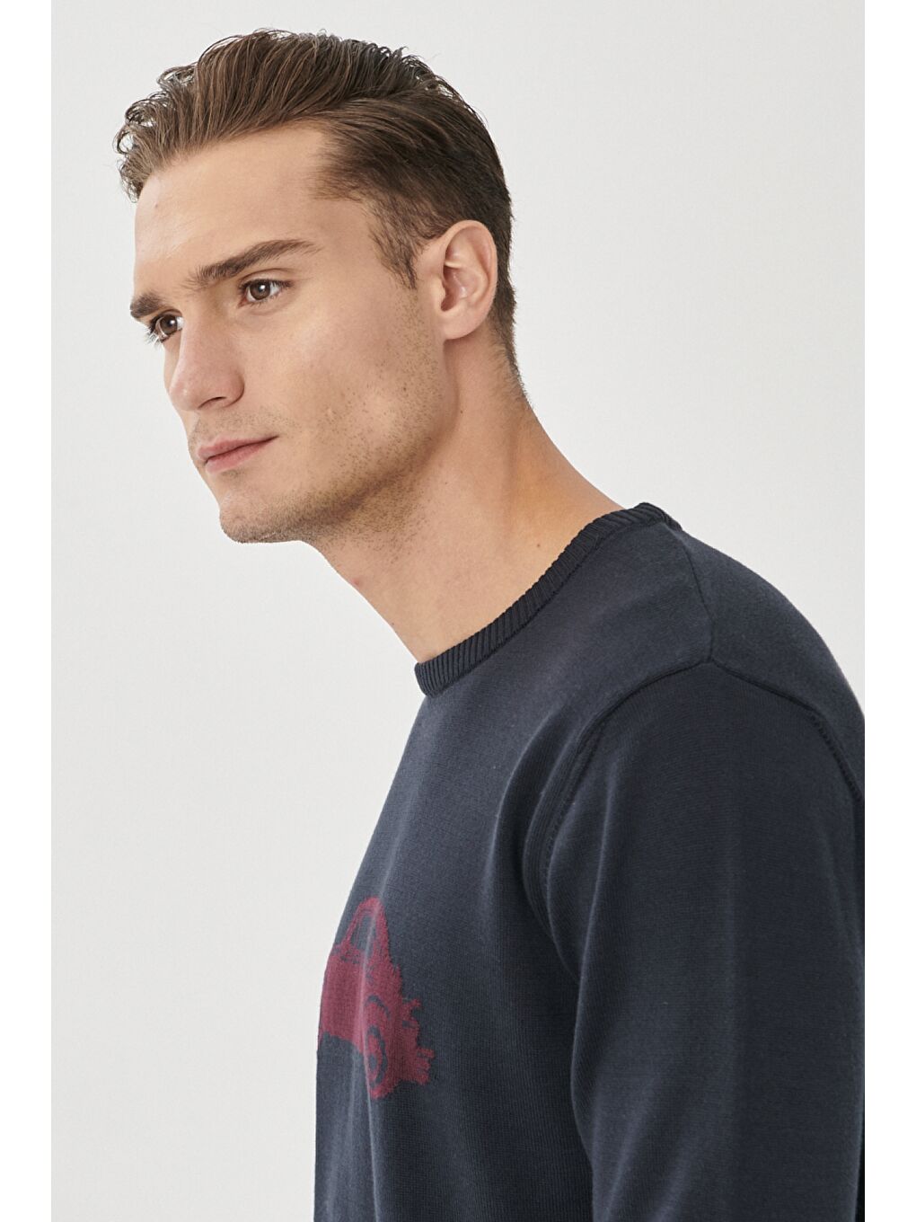 Erkek Lacivert-Bordo Standart Fit Bisiklet Yaka Desenli %100 Pamuk Triko Kazak-3