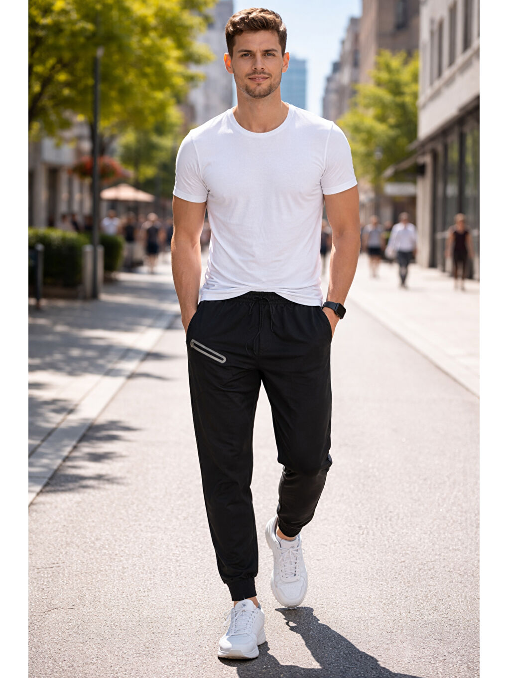 Paçası Beli Lastikli 3 Cepli Erkek Eşofman Altı 7077 Siyah-1