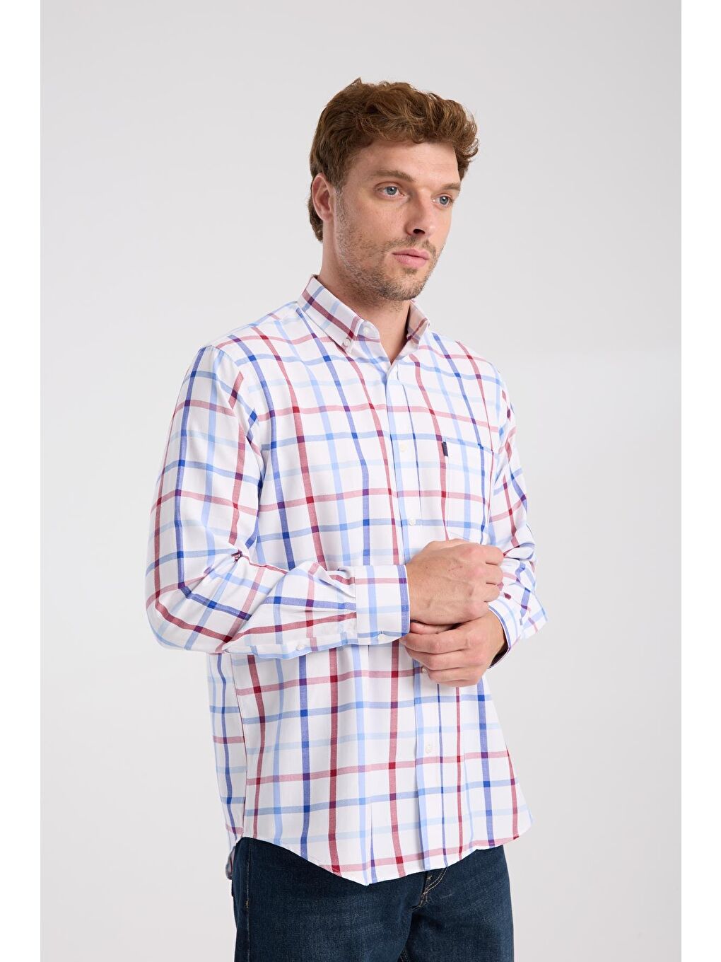Aclub Ac10089 Oxford Pamuk Karışımlı Regular Fit Kırmızı Düğmeli Yaka Erkek Kareli Gömlek-5