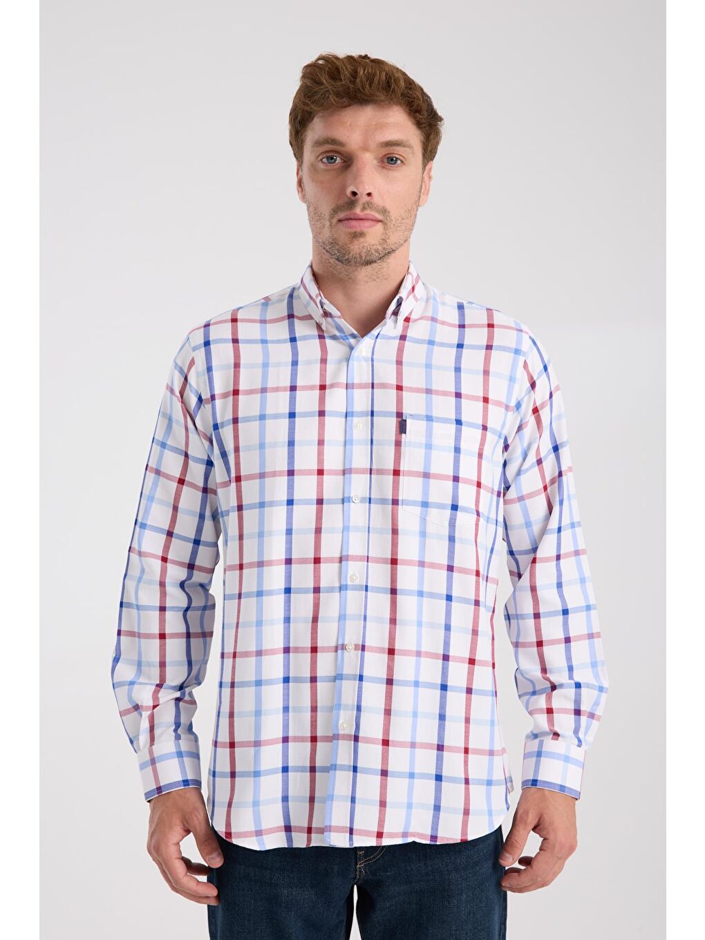 Aclub Ac10089 Oxford Pamuk Karışımlı Regular Fit Kırmızı Düğmeli Yaka Erkek Kareli Gömlek-6