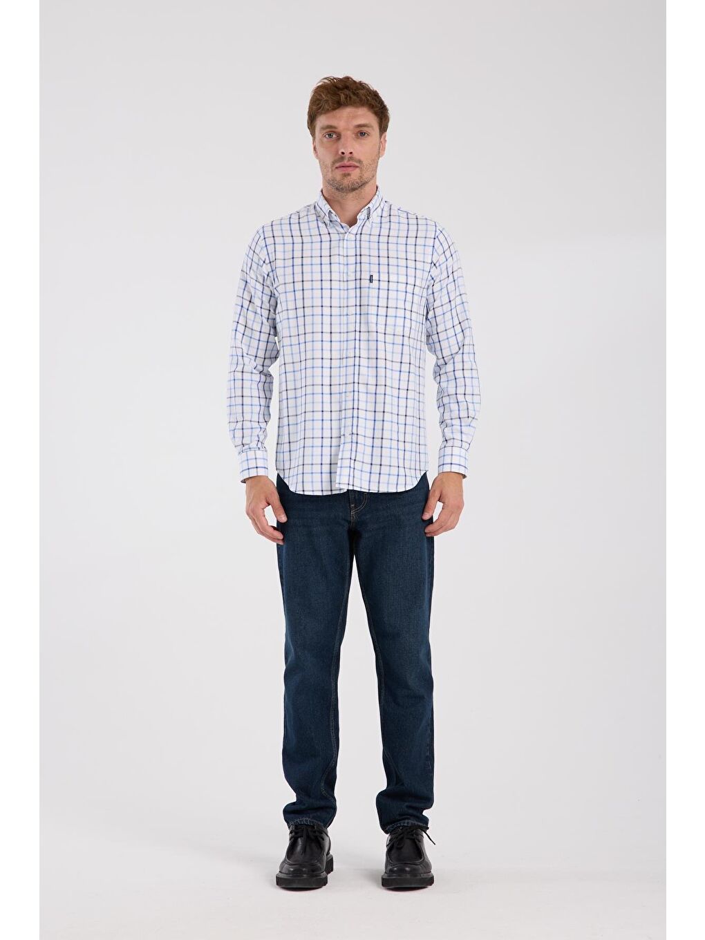 Aclub Ac10088 Oxford Pamuk Karışımlı Regular Fit Lacivert Düğmeli Yaka Erkek Kareli Gömlek