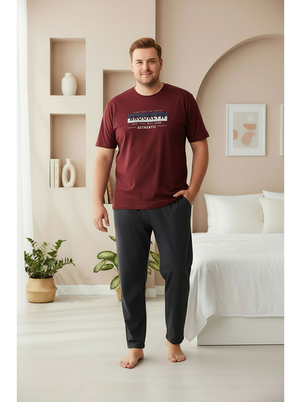 Bordo %100 Pamuklu Kısa Kollu Cepli Büyük Beden Erkek Pijama Takımı 2008