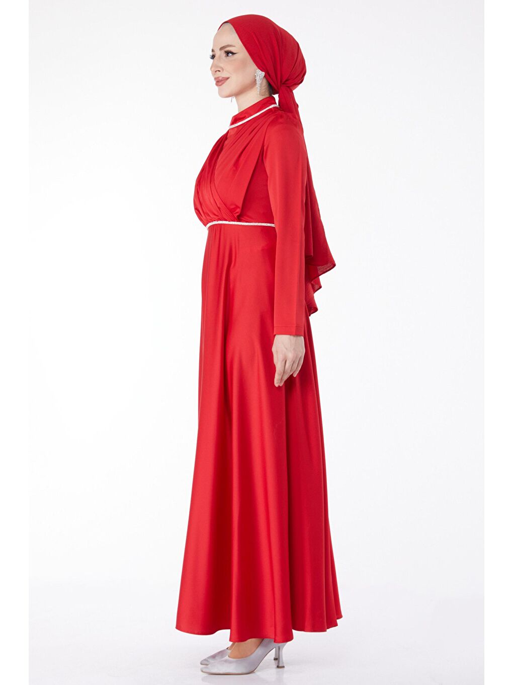 Düz Hakim Yaka Kadın Kırmızı Pile Detaylı Abiye Elbise - 24900-4