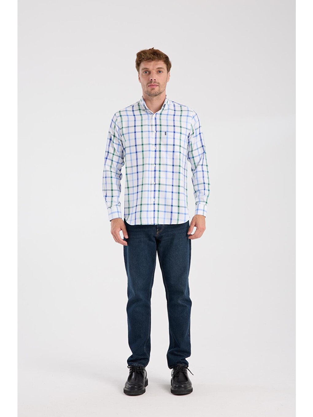 Aclub Ac10089 Oxford Pamuk Karışımlı Regular Fit Yeşil Düğmeli Yaka Erkek Kareli Gömlek