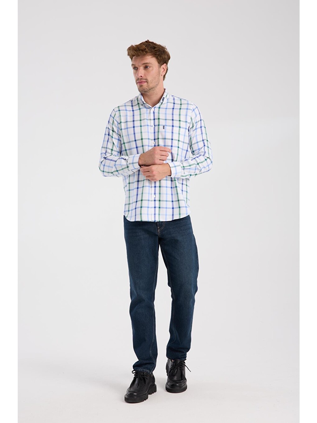 Aclub Ac10089 Oxford Pamuk Karışımlı Regular Fit Yeşil Düğmeli Yaka Erkek Kareli Gömlek-1