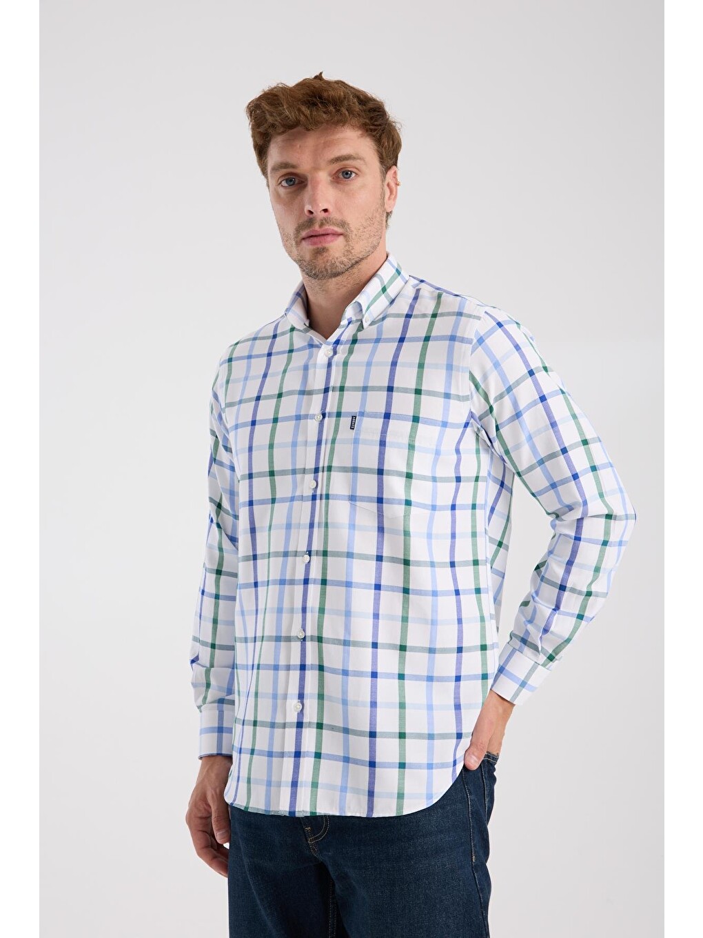 Aclub Ac10089 Oxford Pamuk Karışımlı Regular Fit Yeşil Düğmeli Yaka Erkek Kareli Gömlek-2