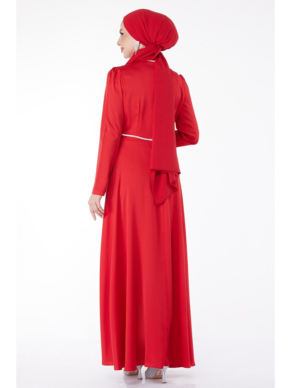 Düz Hakim Yaka Kadın Kırmızı Pile Detaylı Abiye Elbise - 24900-5