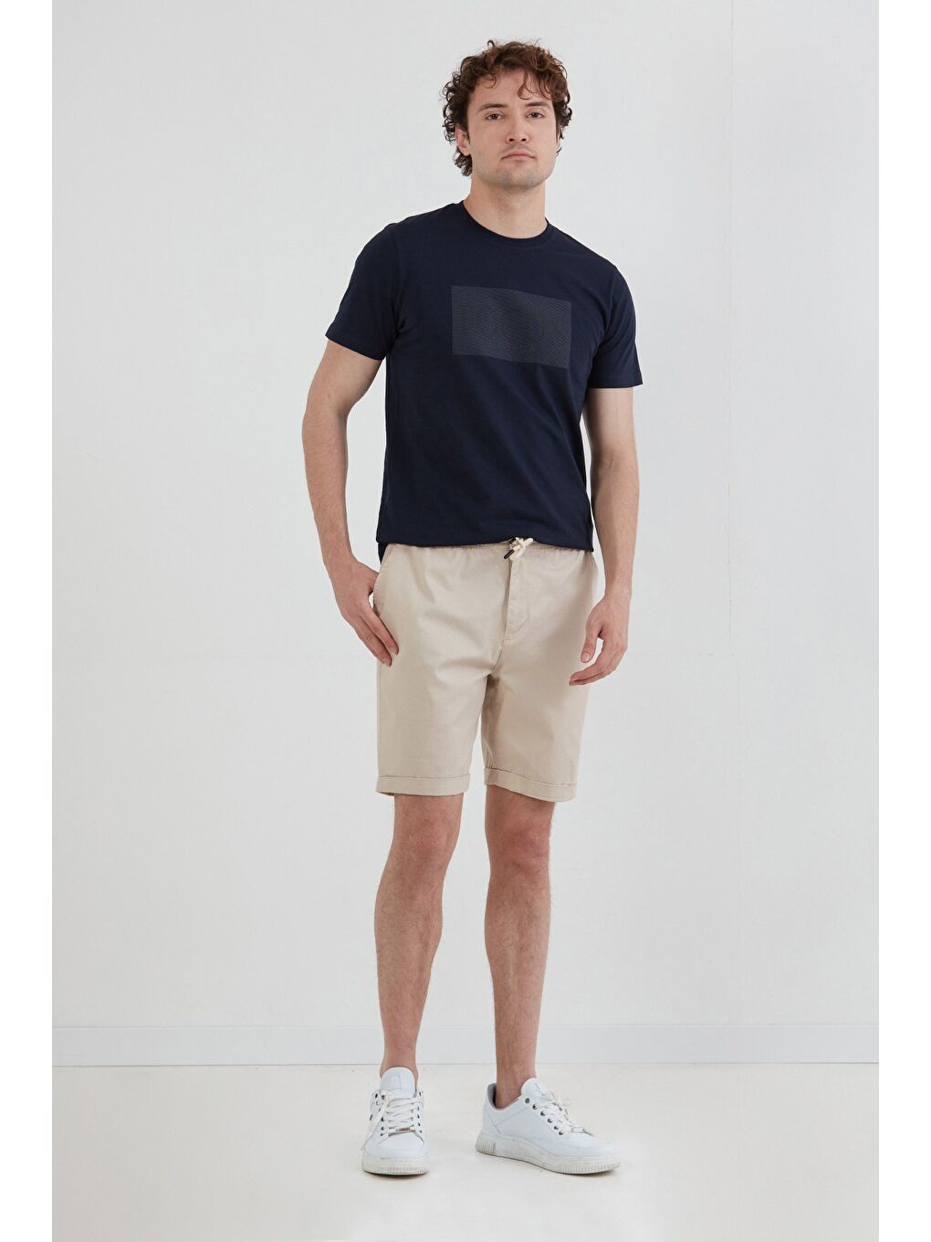 Bej Beli Lastikli Bağlamalı Duble Paça Cepli Şort