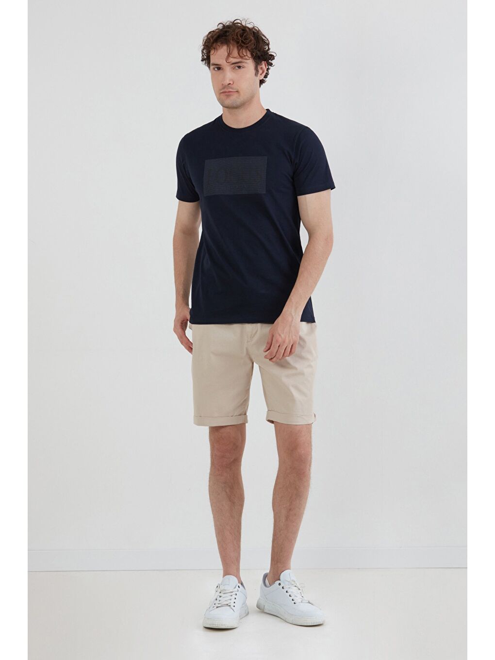 Bej Beli Lastikli Bağlamalı Duble Paça Cepli Şort-1