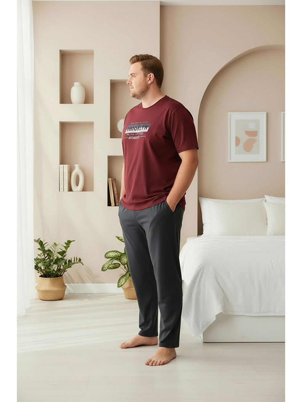 Bordo %100 Pamuklu Kısa Kollu Cepli Büyük Beden Erkek Pijama Takımı 2008-1