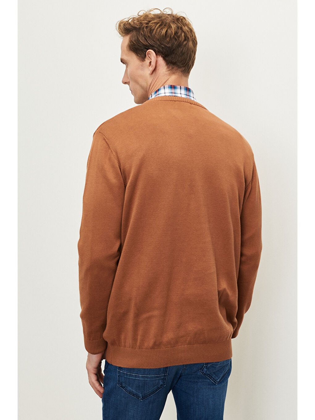 Bej Erkek Karamel-Lacivert Standart Fit Bisiklet Yaka Desenli %100 Pamuk Triko Kazak-4