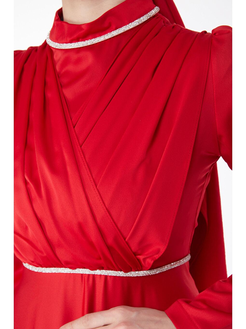 Düz Hakim Yaka Kadın Kırmızı Pile Detaylı Abiye Elbise - 24900-6