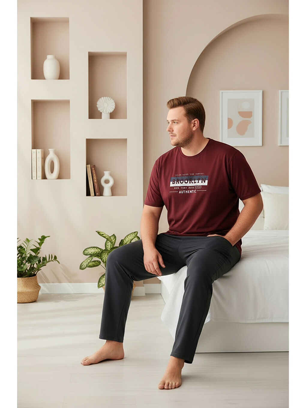 Bordo %100 Pamuklu Kısa Kollu Cepli Büyük Beden Erkek Pijama Takımı 2008-3