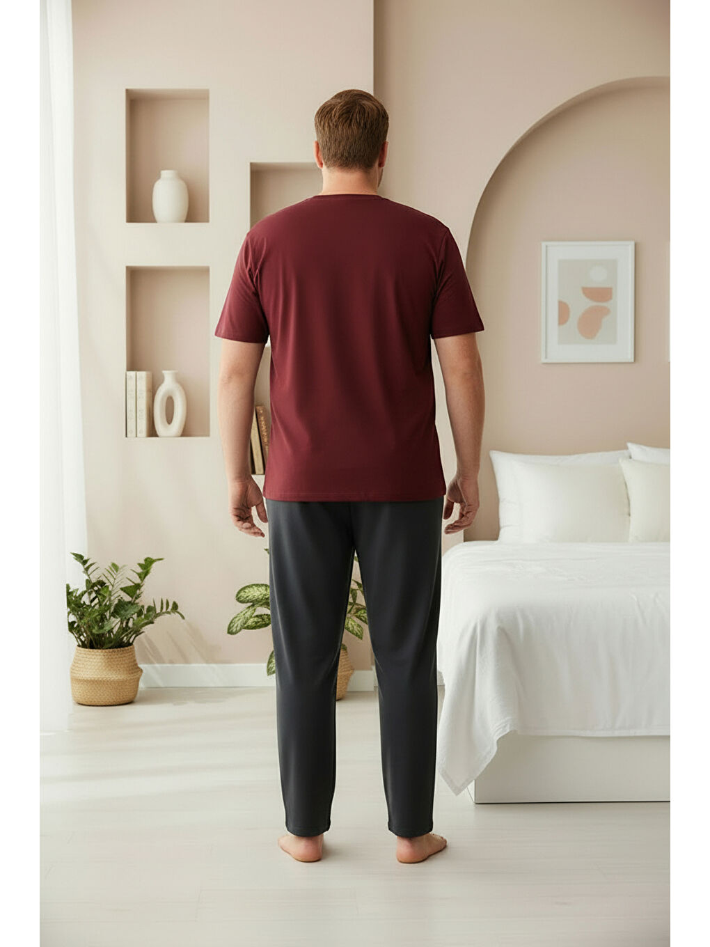 Bordo %100 Pamuklu Kısa Kollu Cepli Büyük Beden Erkek Pijama Takımı 2008-4