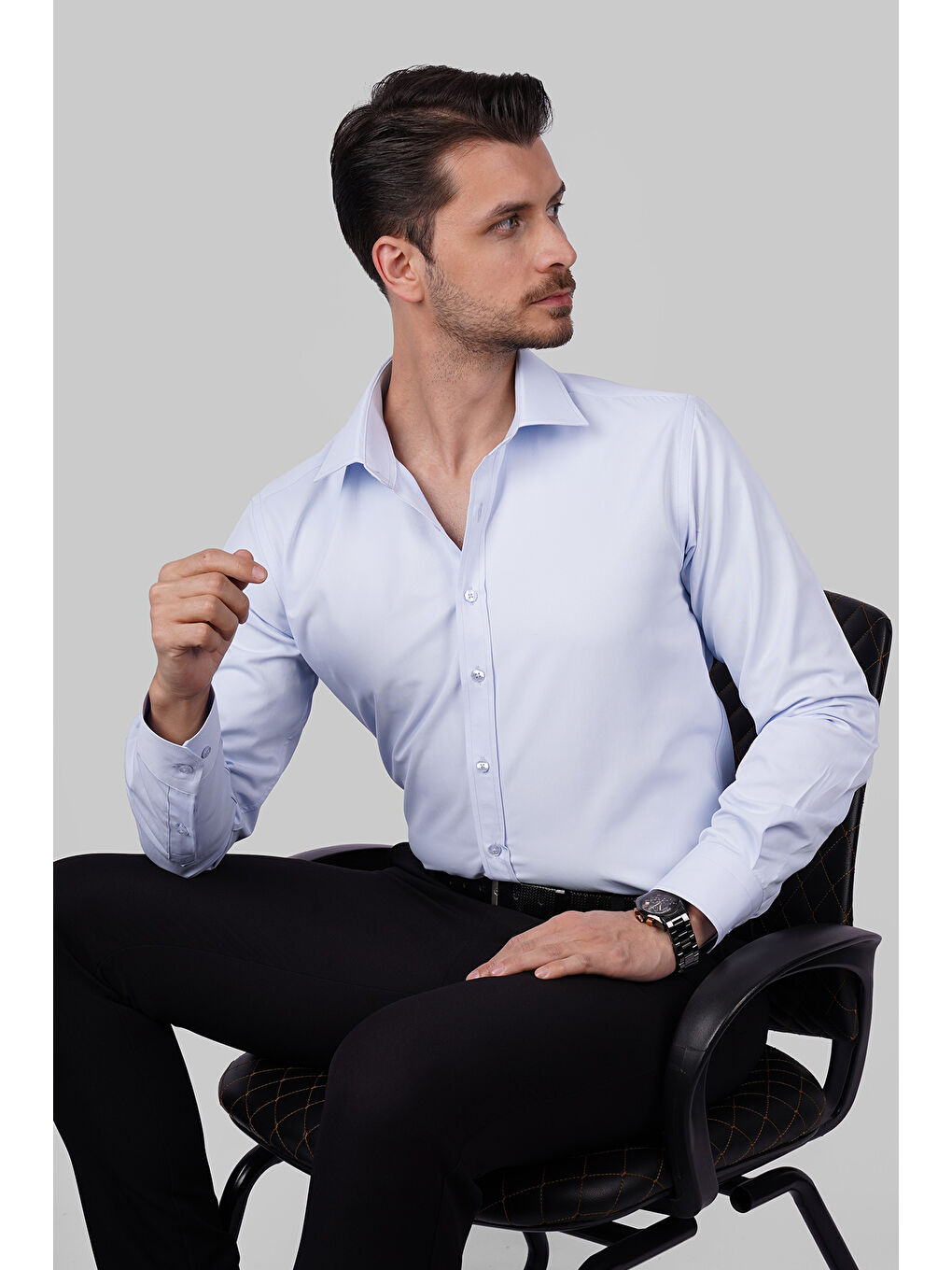 Açık Mavi Saten Slimfit Erkek Gömlek-1