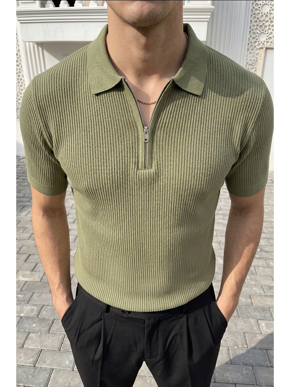 Haki Orin Premium Fitilli Triko Polo Yaka Yarım Fermuarlı Erkek Tişört-1