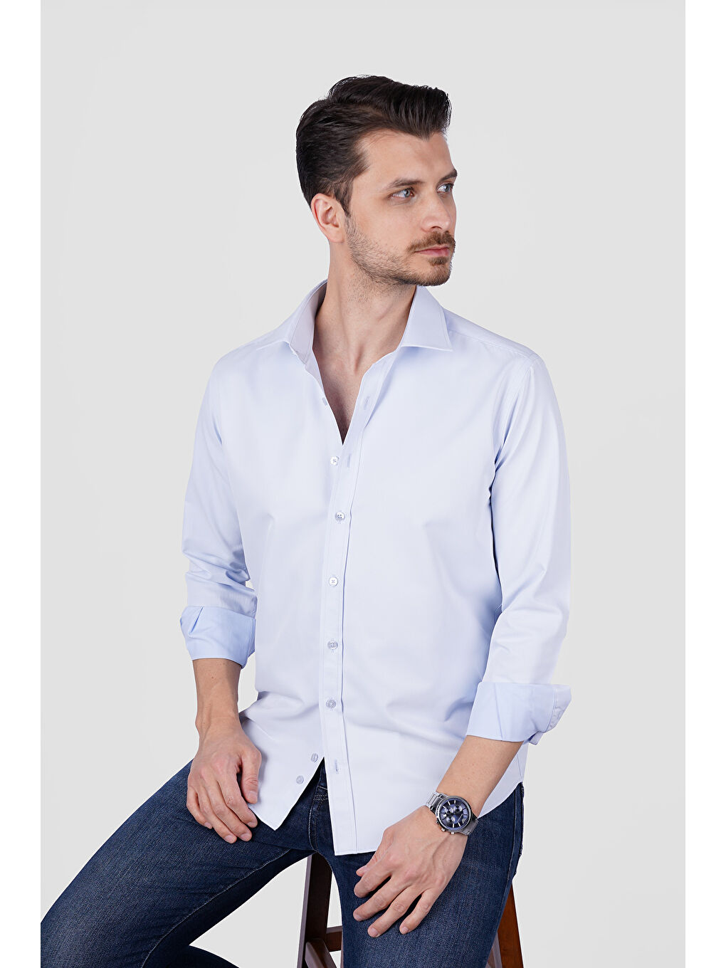 Açık Mavi Saten Slimfit Erkek Gömlek-2