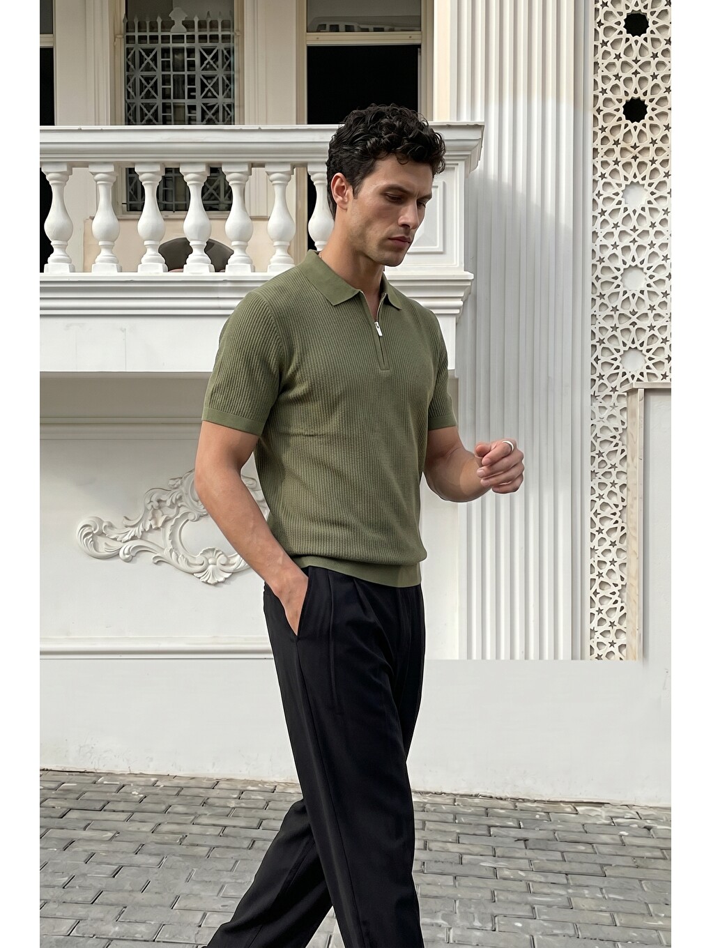 Haki Orin Premium Fitilli Triko Polo Yaka Yarım Fermuarlı Erkek Tişört-2