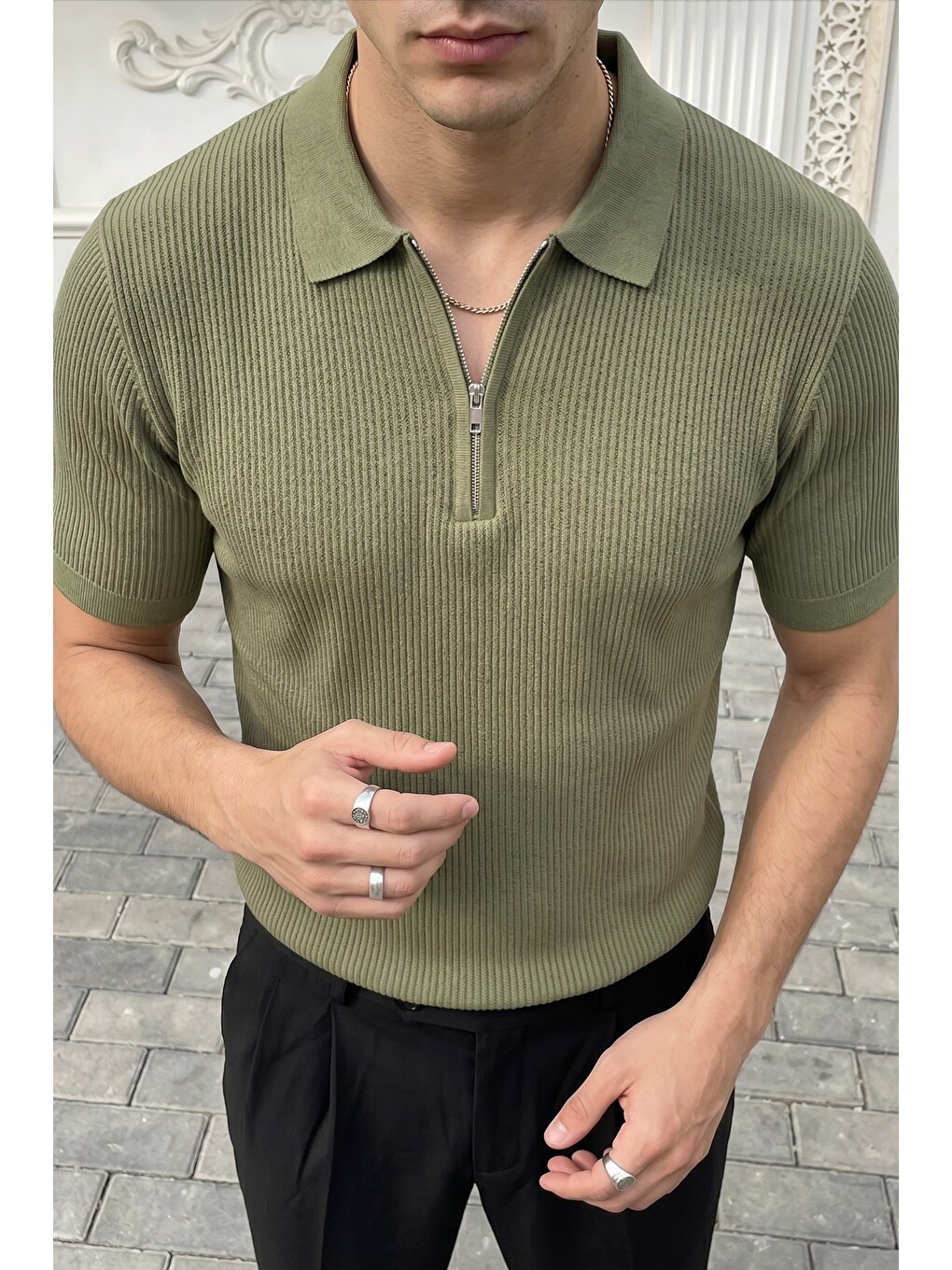 Haki Orin Premium Fitilli Triko Polo Yaka Yarım Fermuarlı Erkek Tişört-3
