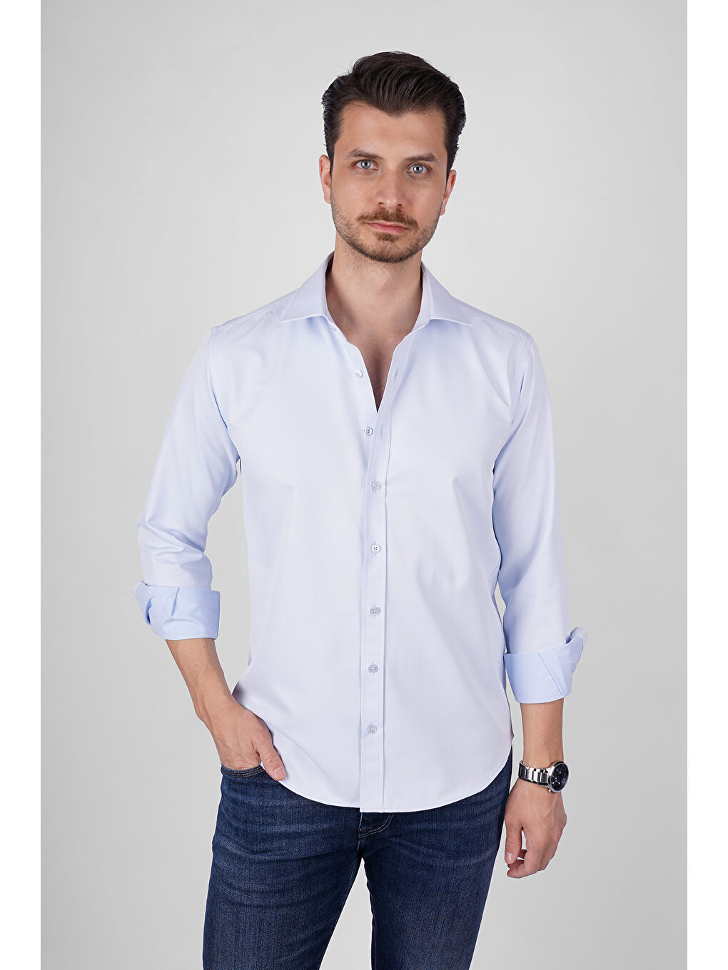 Açık Mavi Saten Slimfit Erkek Gömlek-3