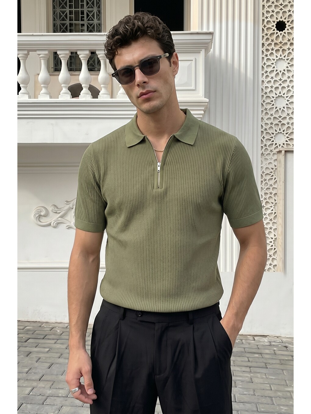 Haki Orin Premium Fitilli Triko Polo Yaka Yarım Fermuarlı Erkek Tişört-4