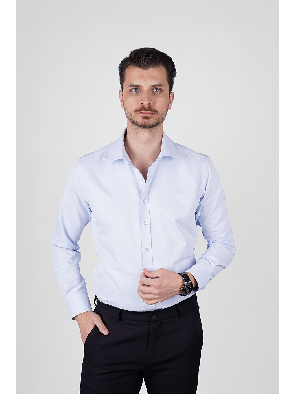 Açık Mavi Saten Slimfit Erkek Gömlek-4